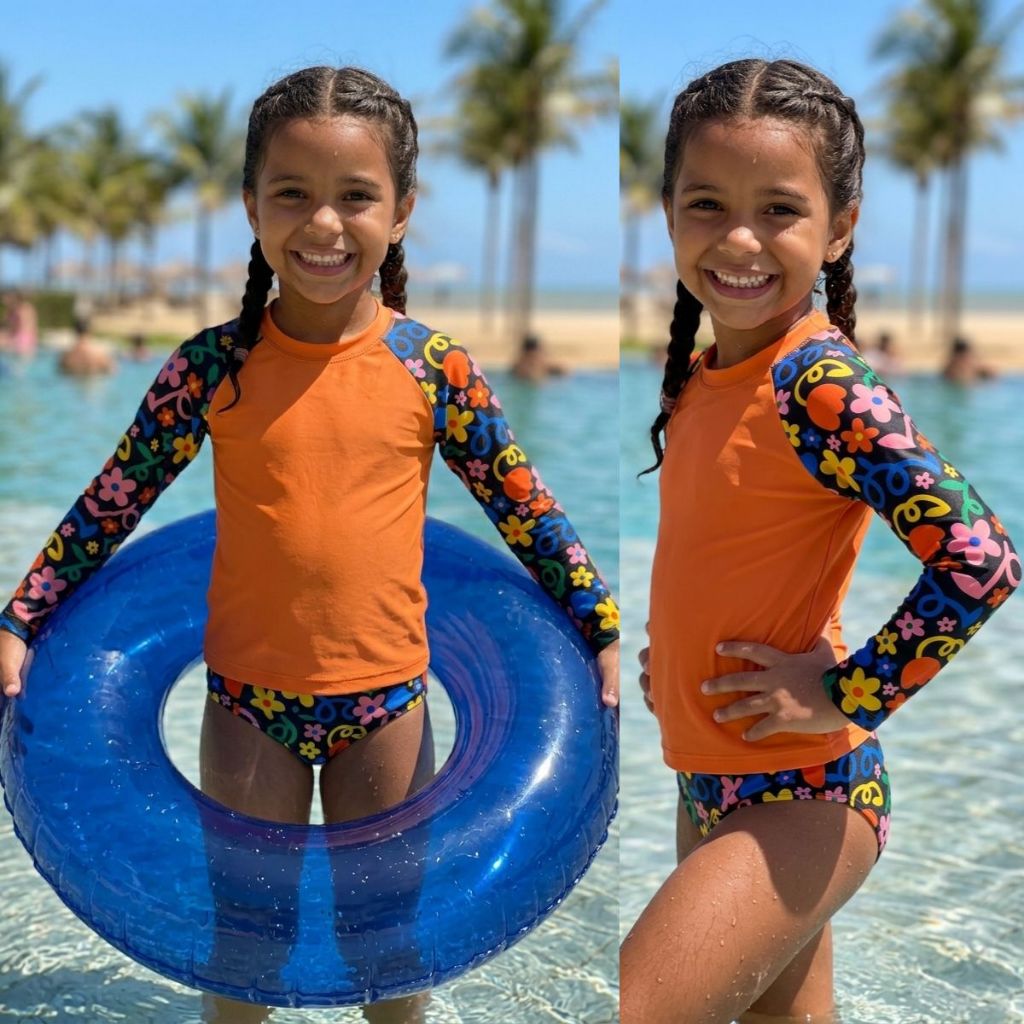 Conjunto Infantil Camiseta Manga Longa e Calcinha Menina Moda Praia Piscina Estampas Exclusivas