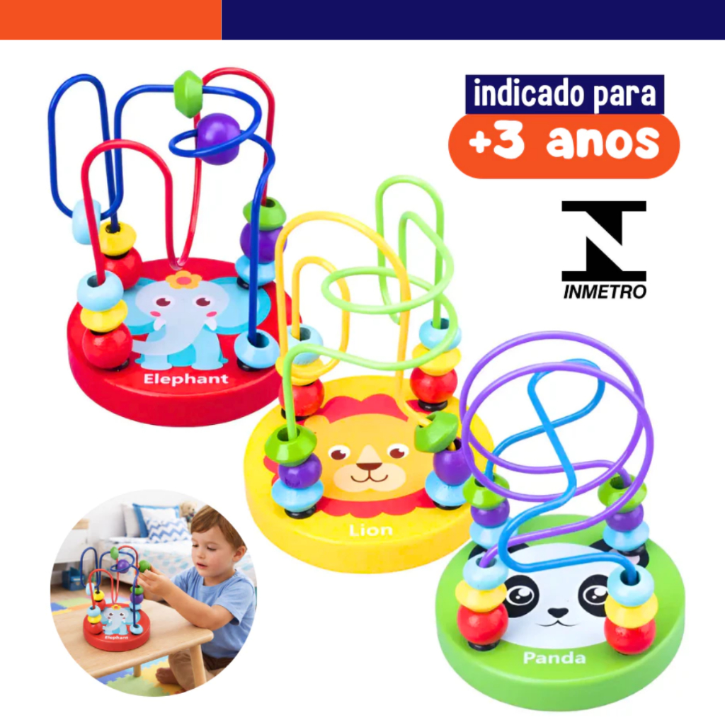 Labirinto com Contas Montanha Russa Didática de Madeira e Metal Autismo Montessori Para Bebês
