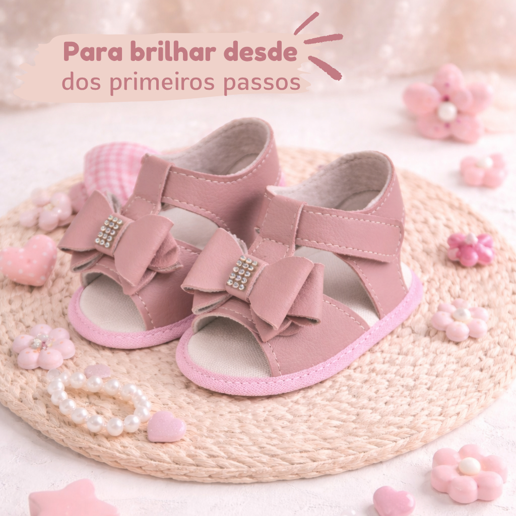 Sandália Bebê Menina Rosê Laço Fofo – Macia e Confortável