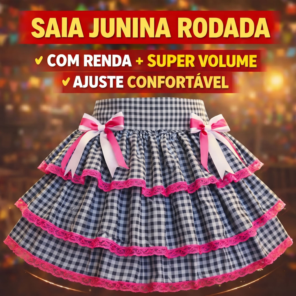 Saia Caipira Infantil Preta Rodada Com Renda Luxo Festa Junina Menina Confortável Ajuste  Elástico