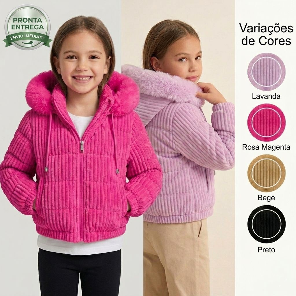 Jaqueta Puffer Menina  Infantil Juvenil de Veludo com Capuz de Pelo Removivel