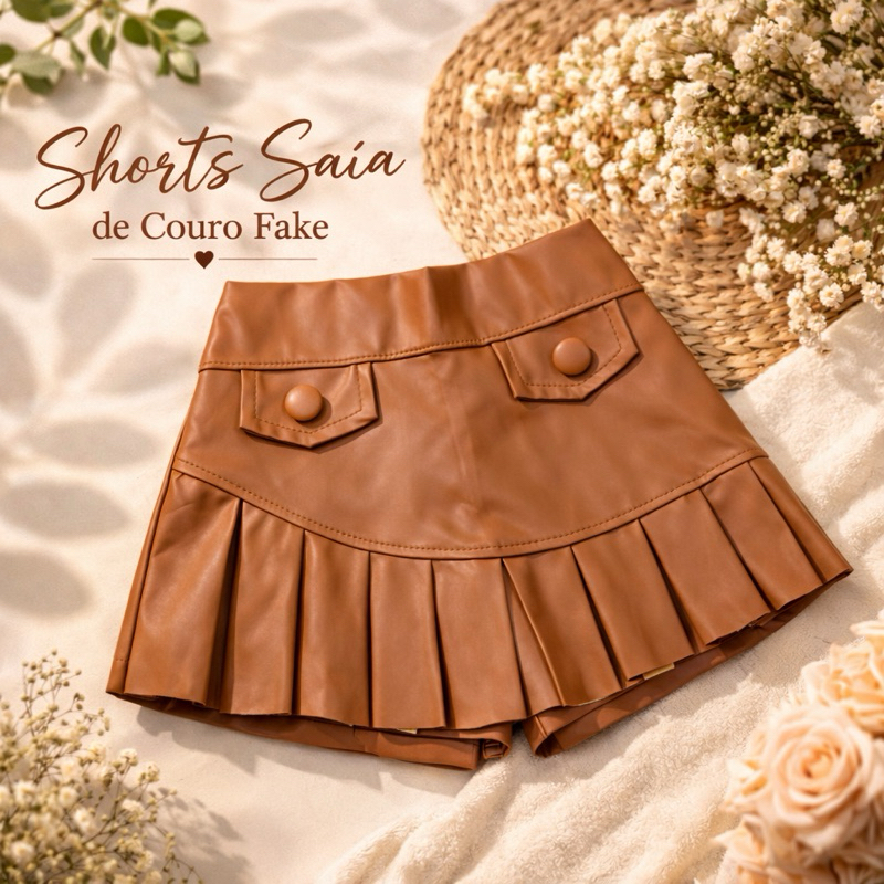 Shorts Saia Infantil Couro Fake com Pregas e Botão Forrado | Moda Blogueira Menina 4 ao 10