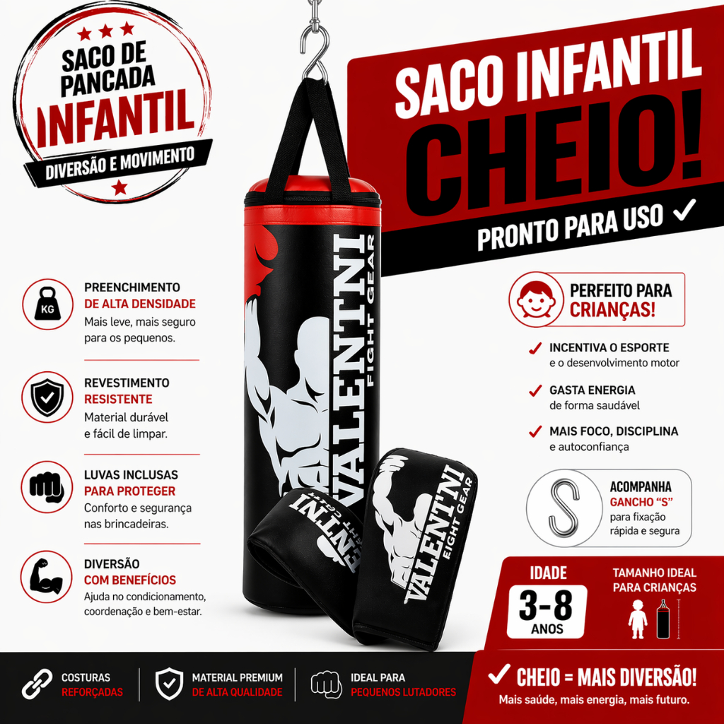 Saco De Pancada Infantil Cheio + 1 Par De Luva Bate Saco Treino
