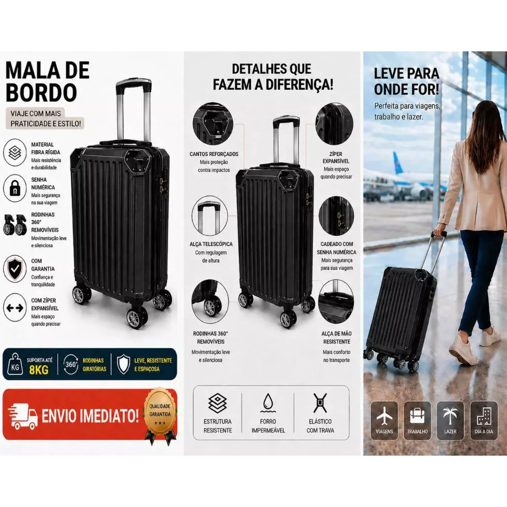 Mala de Bordo 8Kg Rígida ABS Rodas 360º Leve Resistente Cadeado Segurança Compacta Premium Pequena