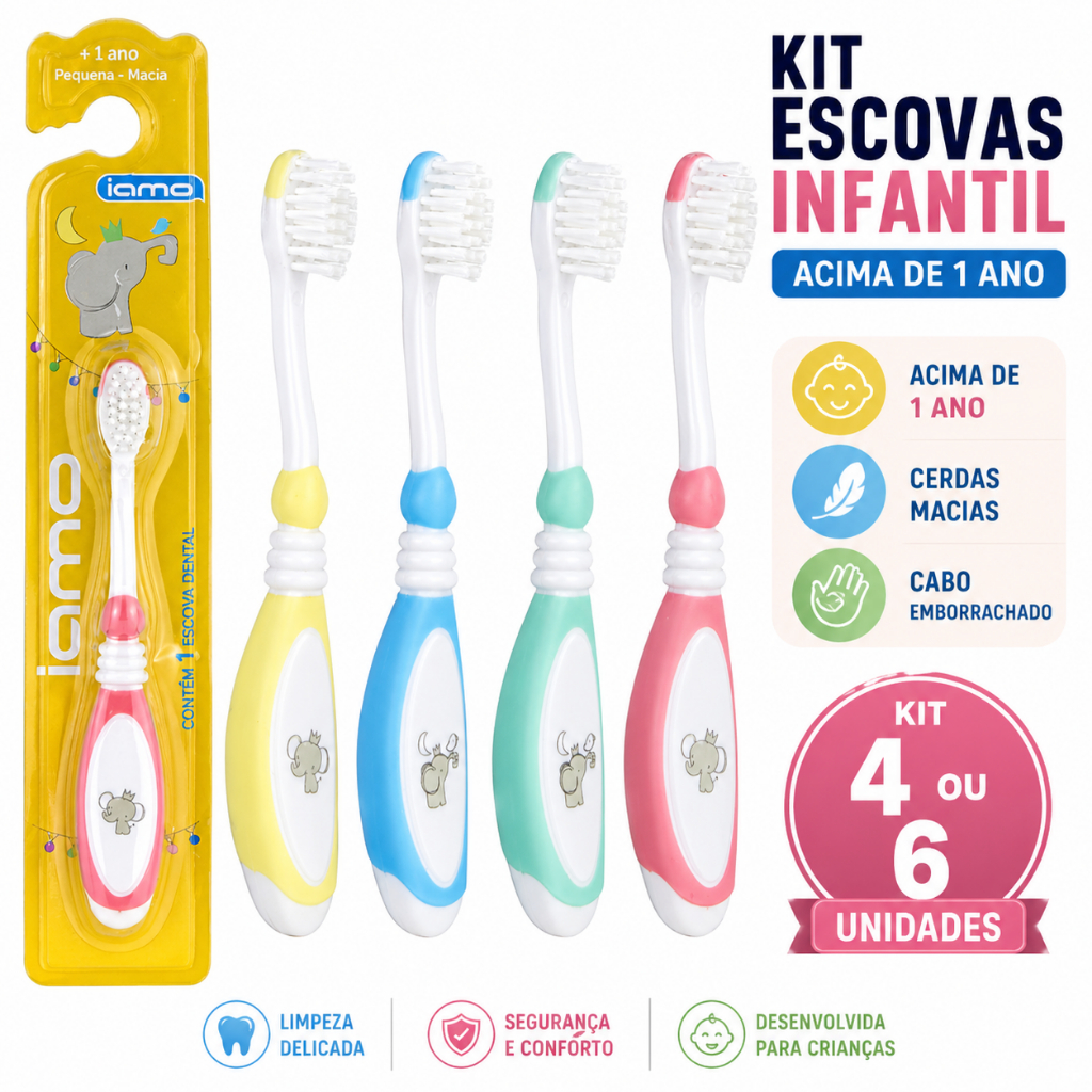 Kit 4 ou 6 Escovas de Dente Infantil Macia Dental Acima de 1 Ano Cabo Emborrachado