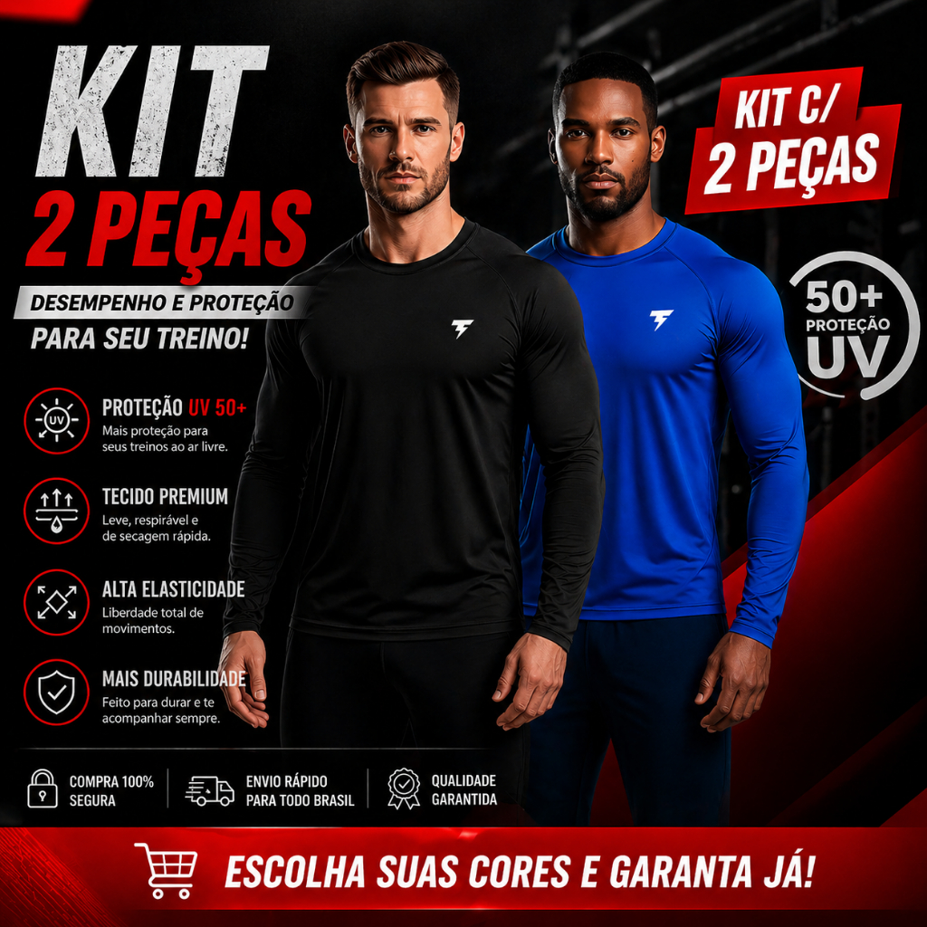 Kit com 2 camisas Manga Longa Segunda Pele Uv Proteção Solar Unissex Masculina Pesca Academia Ciclismo