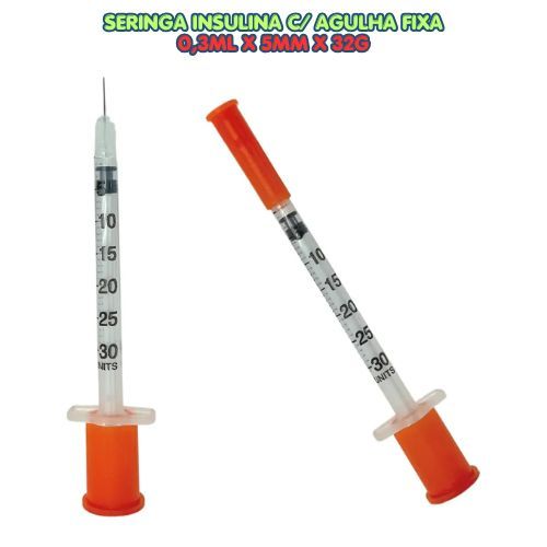 Seringa Insulina 0,3ml 5mm 32G (0,23mm 3/16) Uniqmed Agulha Fixa 5 10 20 Unidades