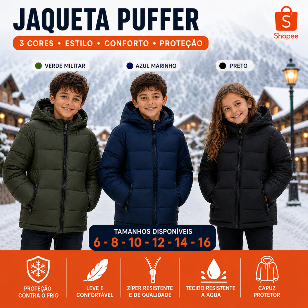 Jaqueta Puffer Infantil Unissex Forrada Pelinho Touca Ziper Removivel Menino Menina 6 a 16 anos