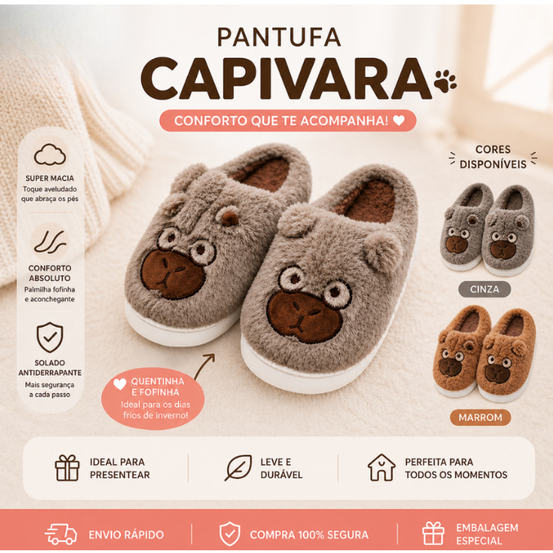 Pantufa Capivara Nuvem de Pelúcia Quentinha Confortável Inverno Adulta e Infantil