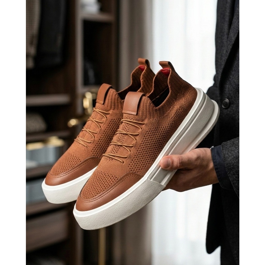 Tênis Sapatênis Knit Premium Super leve e Confortável com Cadarço de Elástico Fácil de Calçar Couro Sintético na Ponta
