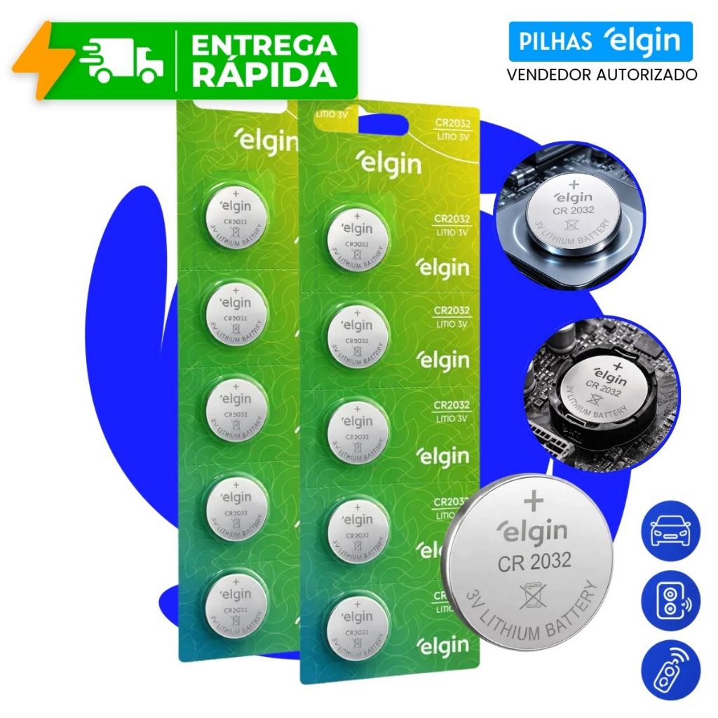 Baterias Pilhas CR2032 3V Elgin Cartela 5 Unidades Blister Botão Placa Mãe Relógio Controle Lithium