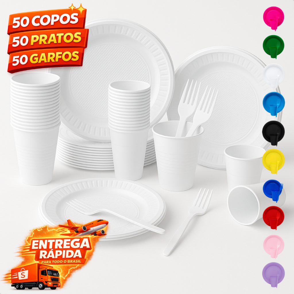 Kit Descartável 150 Itens para ate 50 Pessoas Pratos Copos Garfos Para Aniversario Comemoracoes