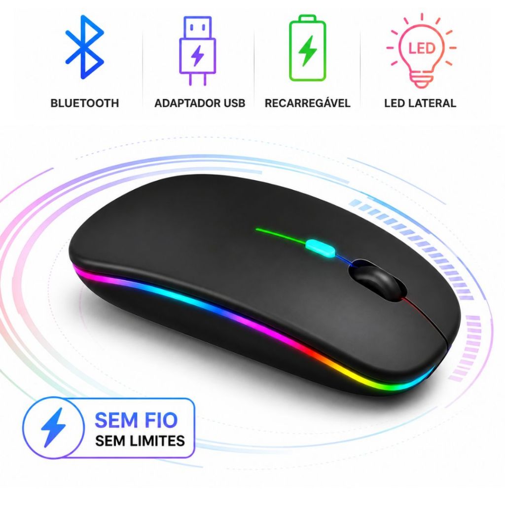 Mouse Sem Fio Bluetooth Recarregável RGB Portátil Bateria Notebook Tablet Windows mac Linux iPad