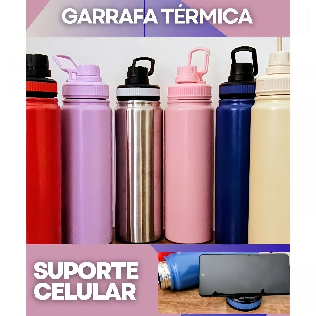 Garrafa Térmica de Água 800ML Aço Inoxidável Alça Porta Celular Academia, Treino, Trabalho