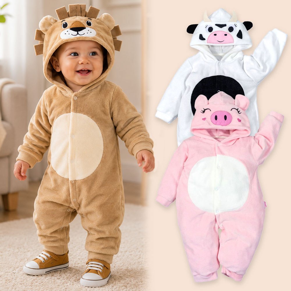 Macacão Plush Bebê com Capuz Bordado Quentinho e Macio até 12 Meses