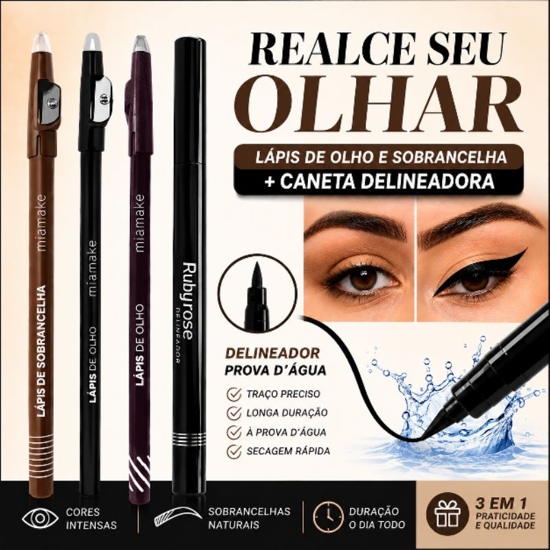 MiaMake Lápis Alta Definição para Olhos e Sobrancelhas + Delineador Caneta Ruby Rose Traço Preciso e Sofisticado