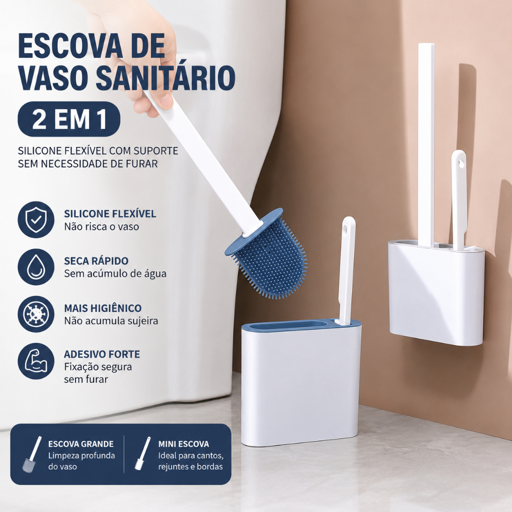 Escova Sanitária 2 em 1 Silicone Flexível Antibacteriana Limpeza Profunda Vaso Sanitário Banheiro