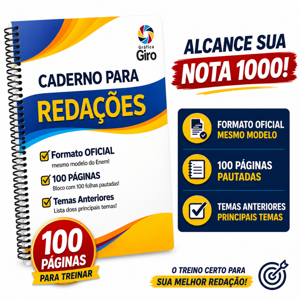 Caderno para Redações com 100 folhas e relação de temas anteriores modelo Enem