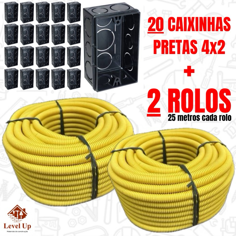 Conduíte Eletroduto Corrugado 3/4 Reforçado Flexível Amarelo Kit 2 Unidades + 20 Caixinhas de Luz 4x2 Preta