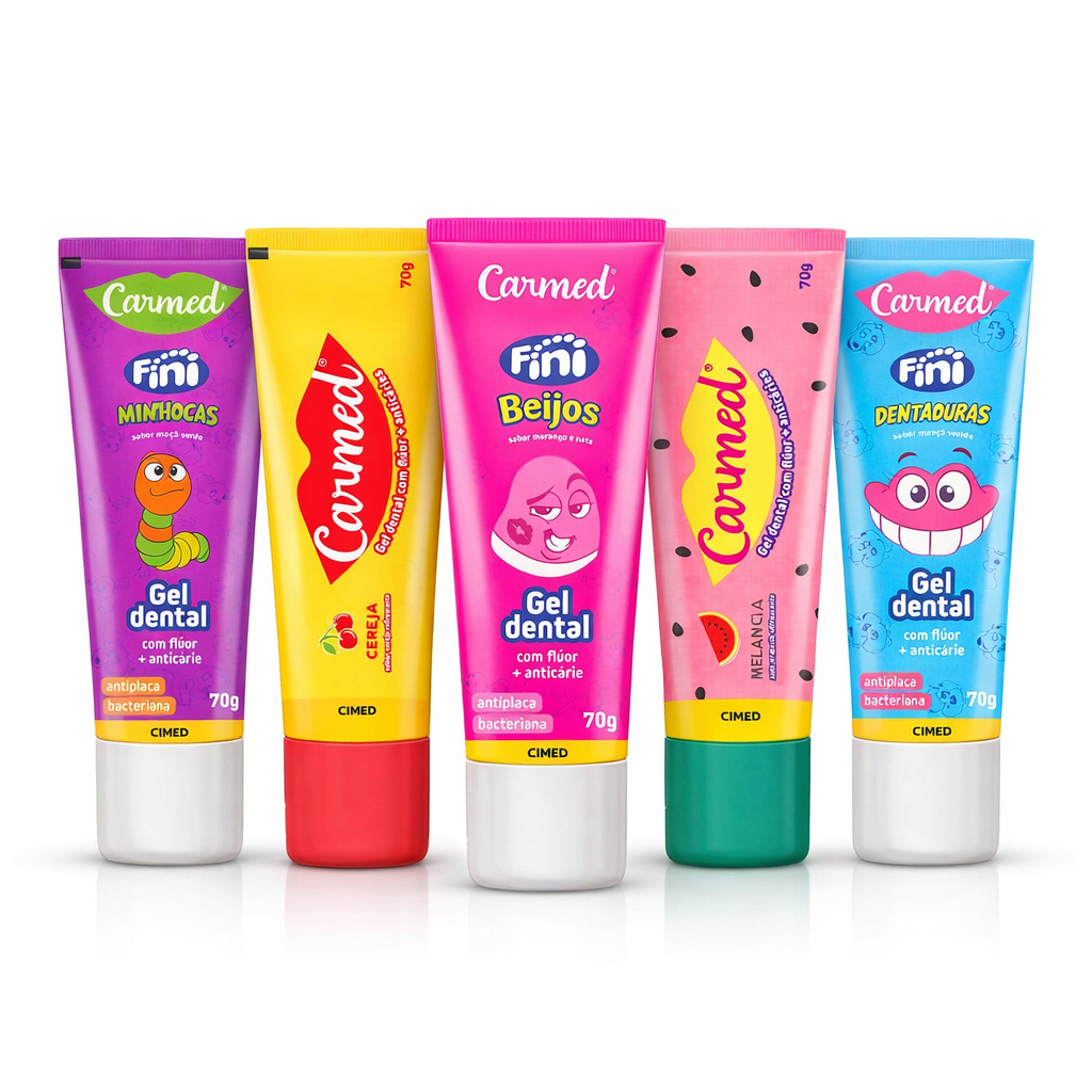 Gel Dental Carmed Fini Infantil 70g com Flúor Anticárie Sabores Sortidos Original Cimed