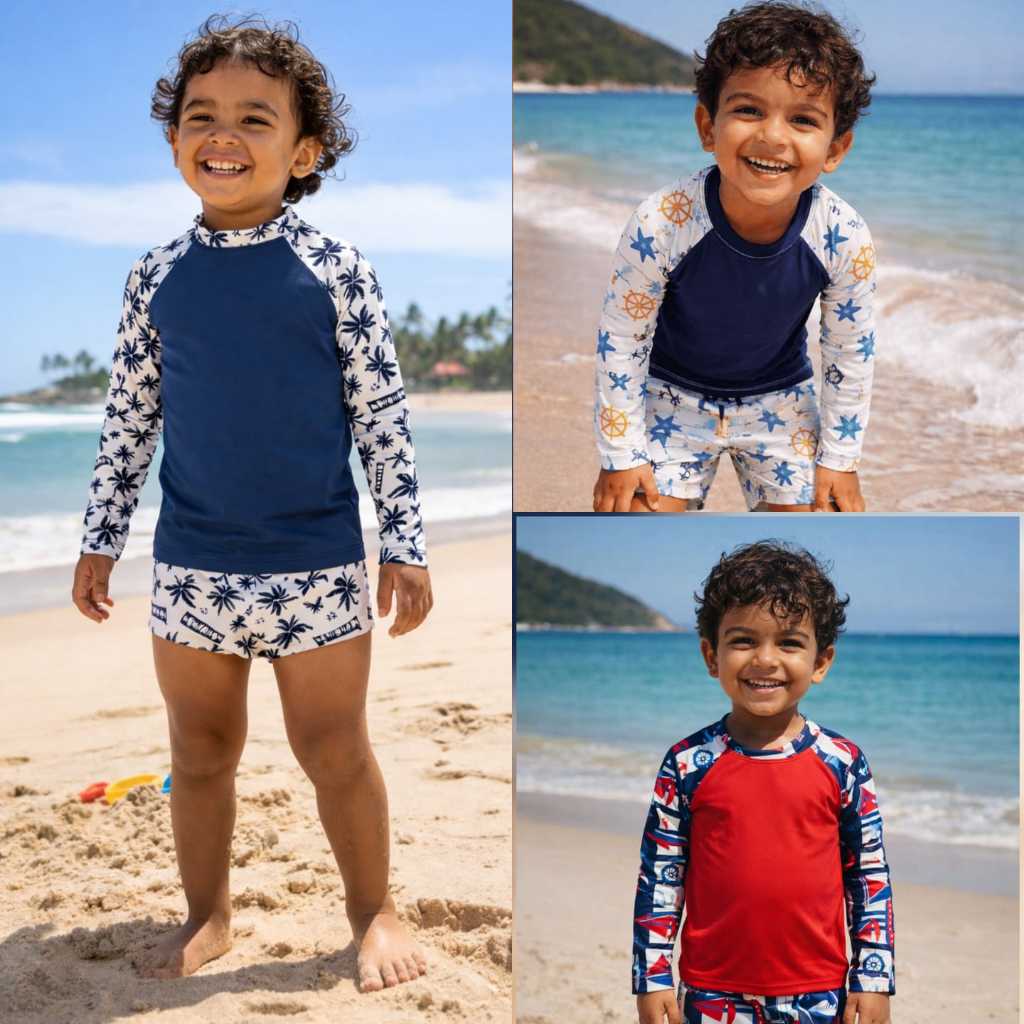 Conjunto Praia Infantil Menino natação piscina – Camisa Manga Longa com proteção UV + Sunga de Banho