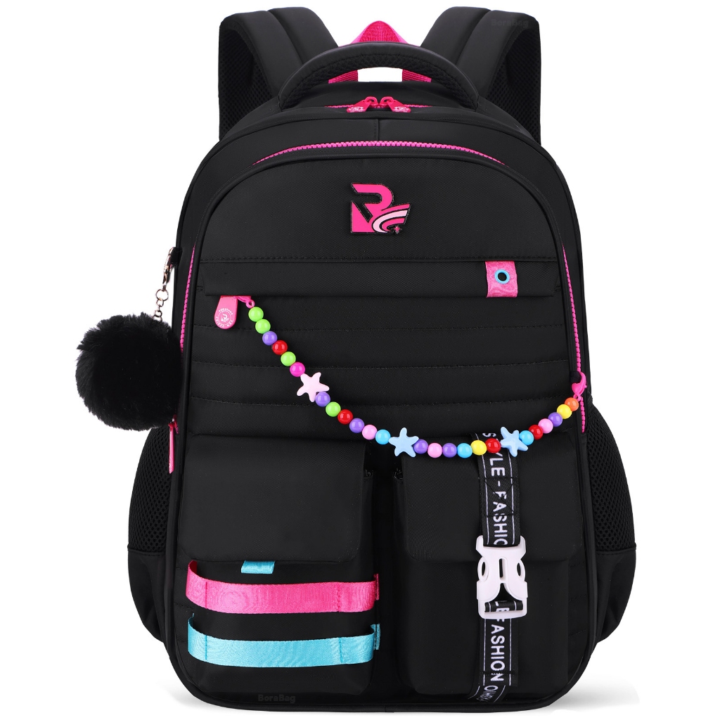 Mochila Escolar Feminina Preta Fofa com Pompom, Impermeável, Reforçada e Confortável para escola ou Viagem