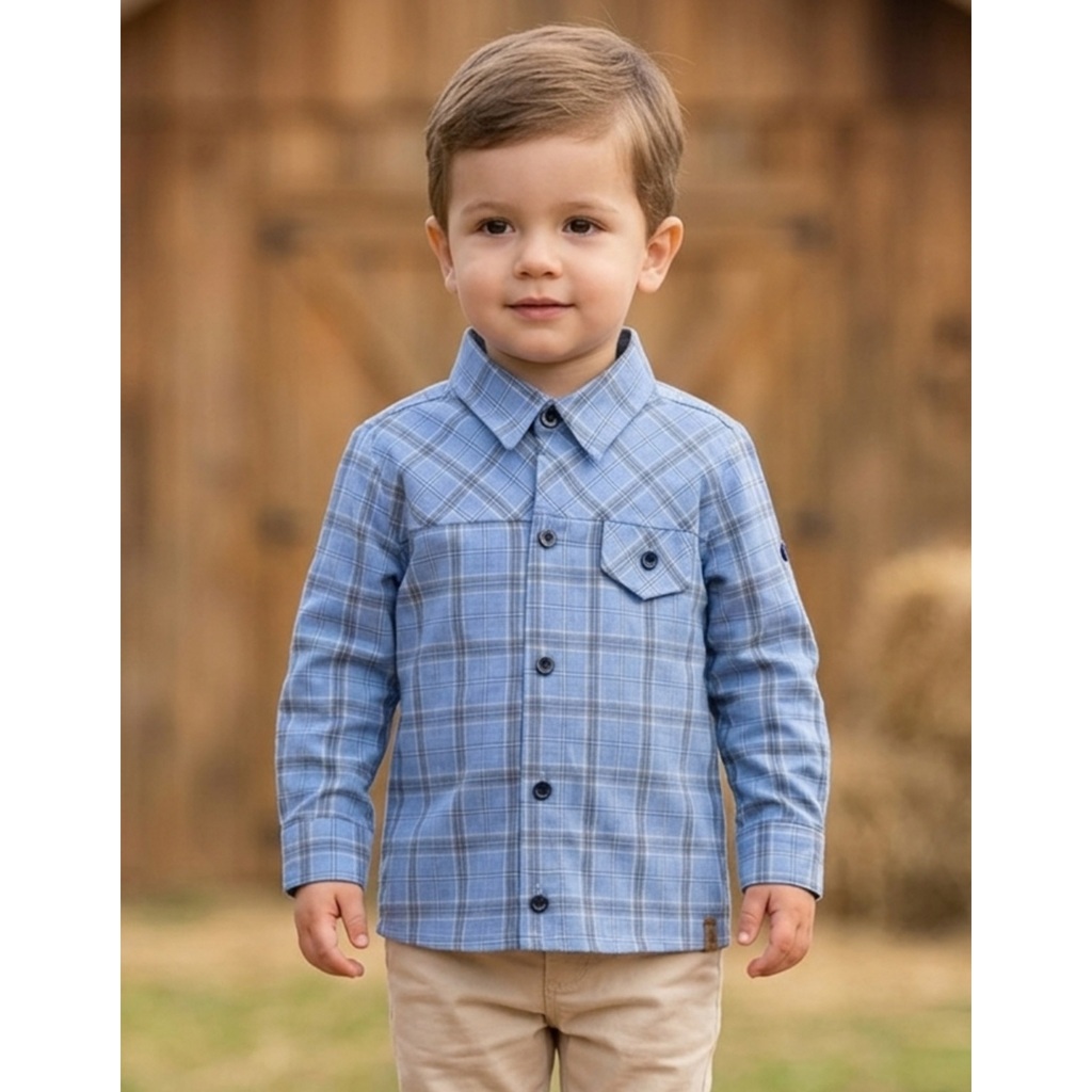 Camisa Xadrez Infantil Menino Manga Longa Festa Junina com Botões e Gola 1 ao 3