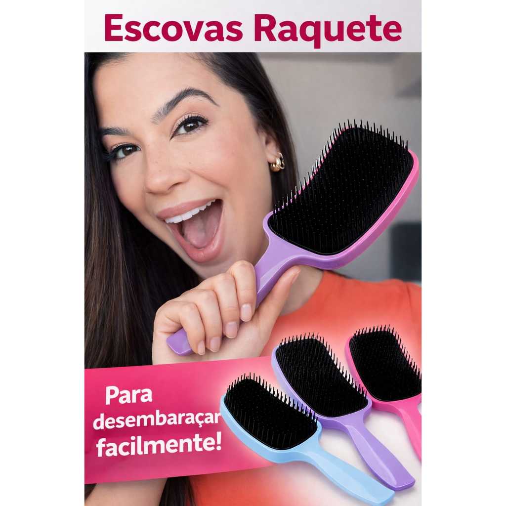 Escova raquete desembaraça fácil os fios