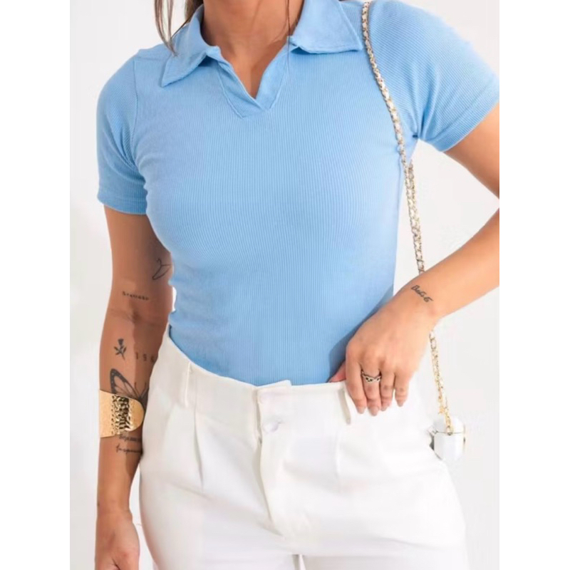 BLUSA GOLA POLO MODA FEMININA BÁSICO CASUAL SOCIAL TRABALHO RIBANA ALGODÃO MANGUINHA VERÃO DIA A DIA ELEGANTE