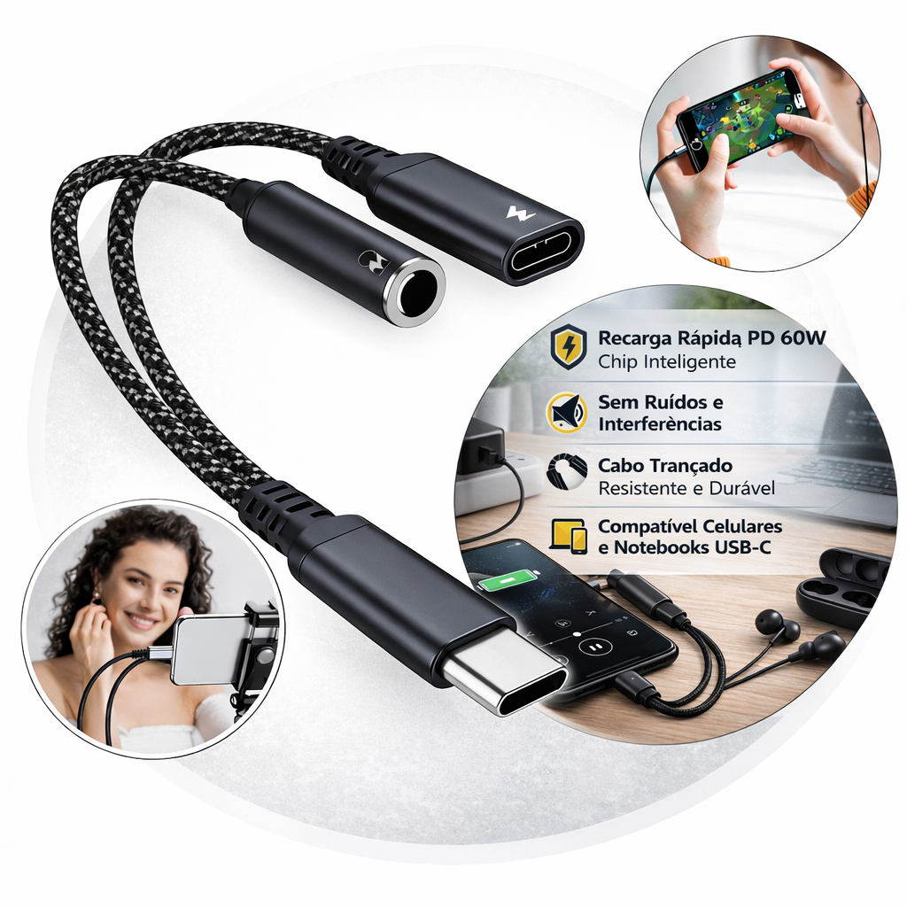 Adaptador USB OTG  2 Em 1 Tipo C P2 3,5mm Áudio Para Fone De Ouvido Conector Carregamento Gamer Celular Notebook Type C
