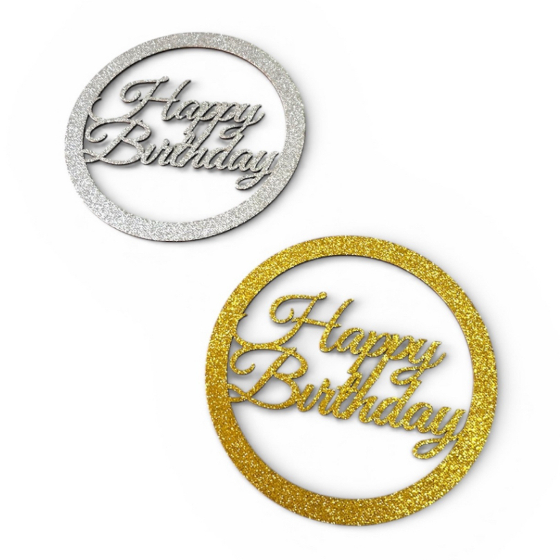 Kit Festa Decoração Painel Redondo Happy Birthday Mdf Brilhante Prata e Dourado