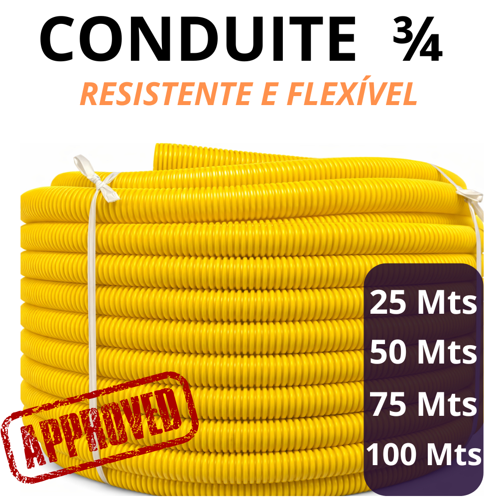 Eletroduto Conduíte 3/4 Corrugado Amarelo – Resistente e Flexível – 25m / 50m / 75m /100m