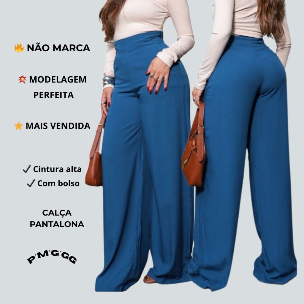 Calça Pantalona Feminina Social Cintura Alta Viscolinho Forrada Elegante Trabalho Casual P M G GG