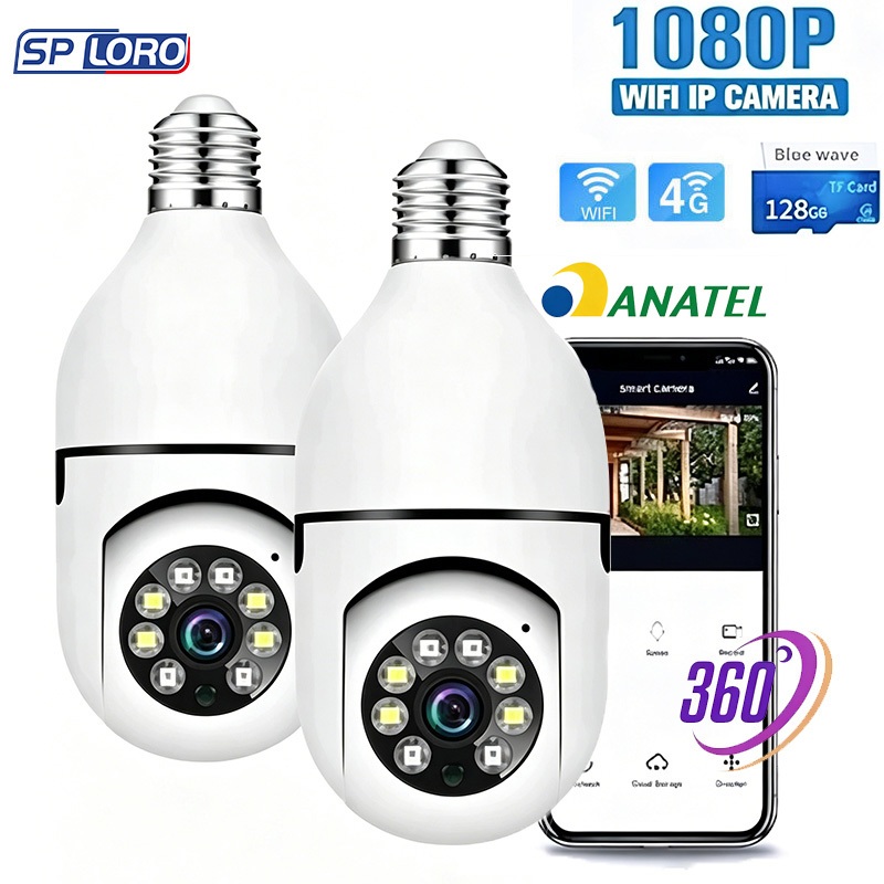 Câmera segurança wi-fi ip 4G sem fio 360°encaixe lampada aplicativo ptz full HD visão noturna 8177