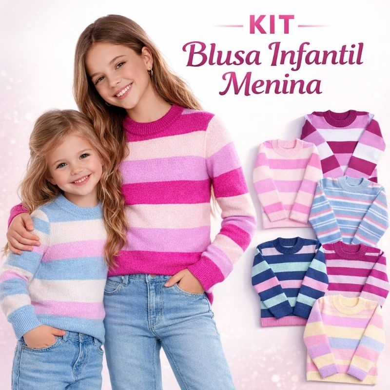 Blusas de Tricot 3 ou 2 Unidades de Lã Infantil Juvenil e Bebê Feminina Inverno Tamanhos 1 a 16 - Menina