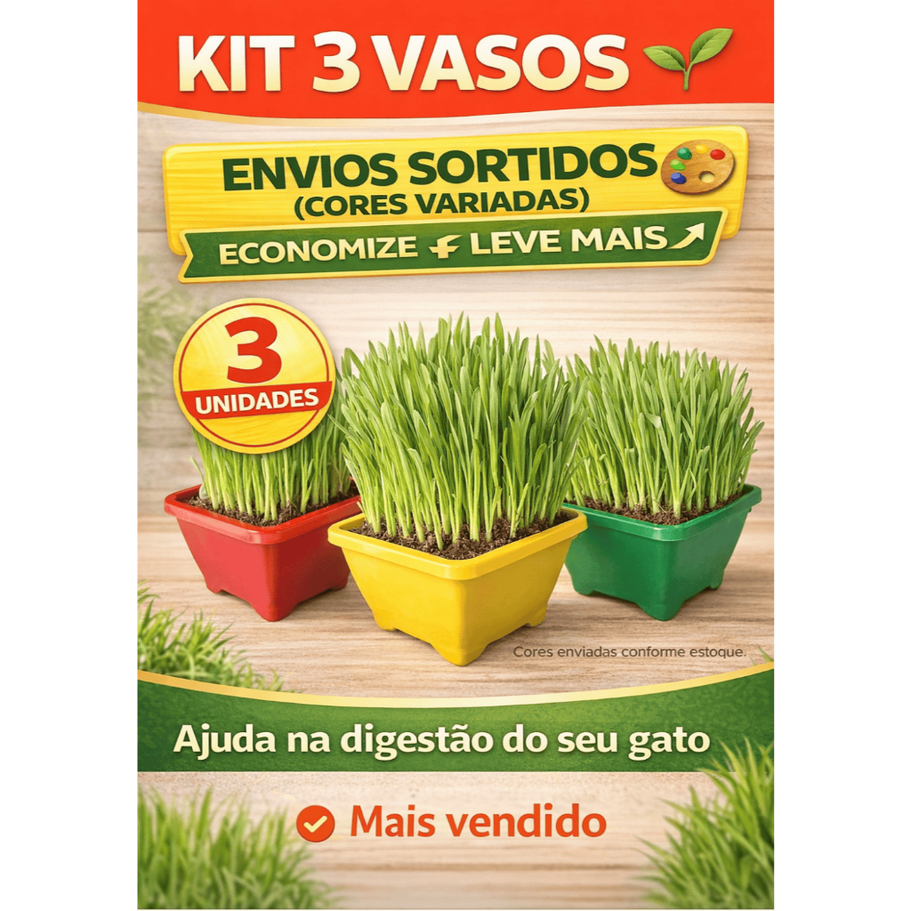 Kit Graminha para Gatos 3 Vasos 🌱 Ajuda Digestão e Bolas de Pelo | Cores Sortidas