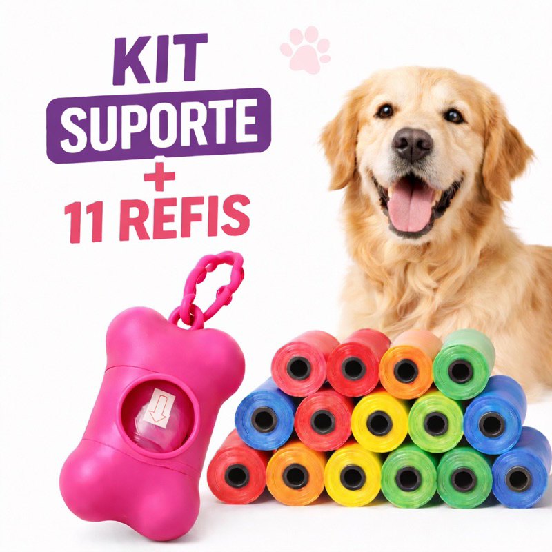 Kit Cata Caca Cachorro Porta Saquinho Pet + Refil Saquinhos Higiênicos Suporte Passeio