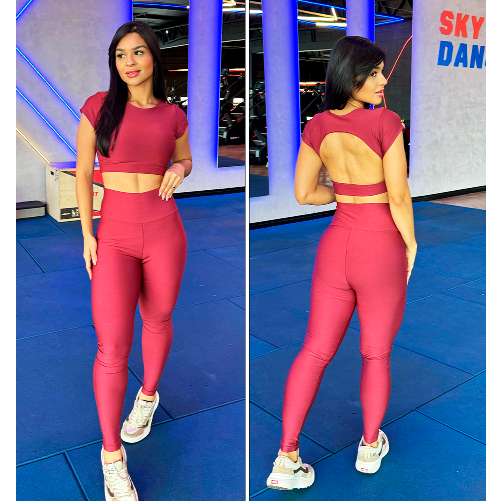 Conjunto Academia Top Manga Curta Cropped Costa Aberta + Calça Legging Colada Roupa de Academia Treino Inverno