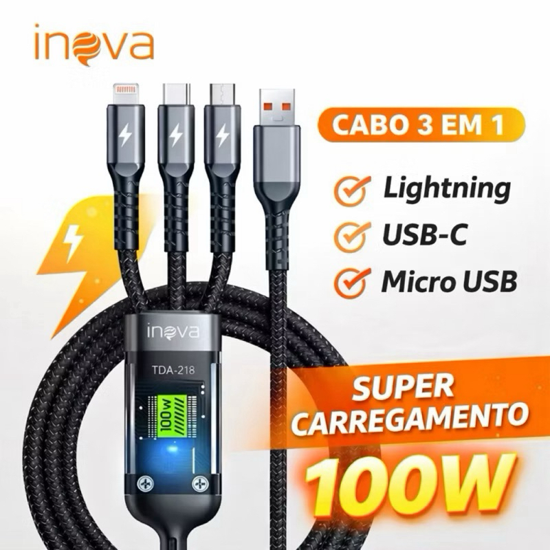 Cabo 3 em 1 100W Carregamento Rápido USB-C Lightning Micro USB com Display LED Inova HBT-8801