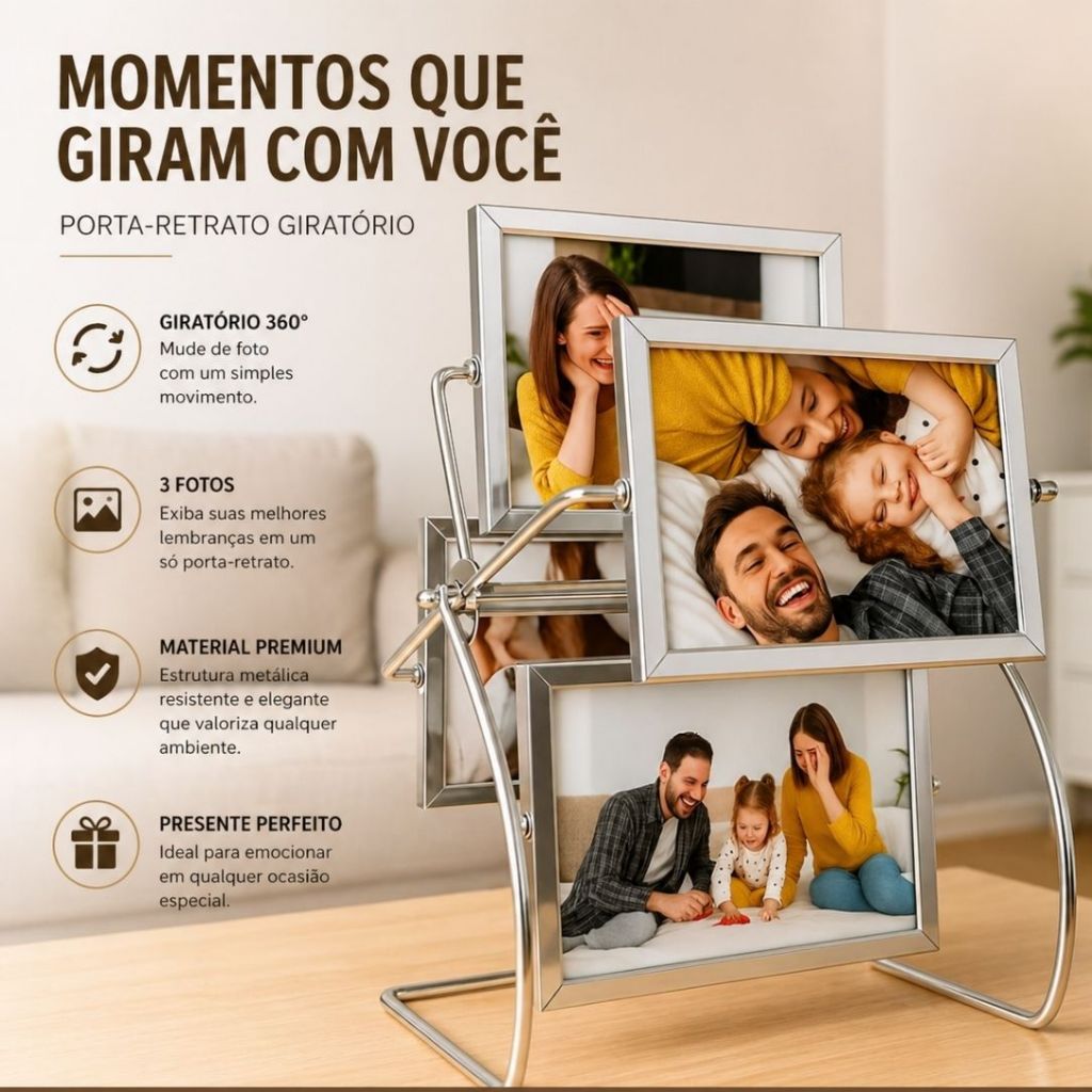 Porta Retrato Roda Gigante Luxo | Metal Cromado Giratório 8 Fotos 10x15 Decoração