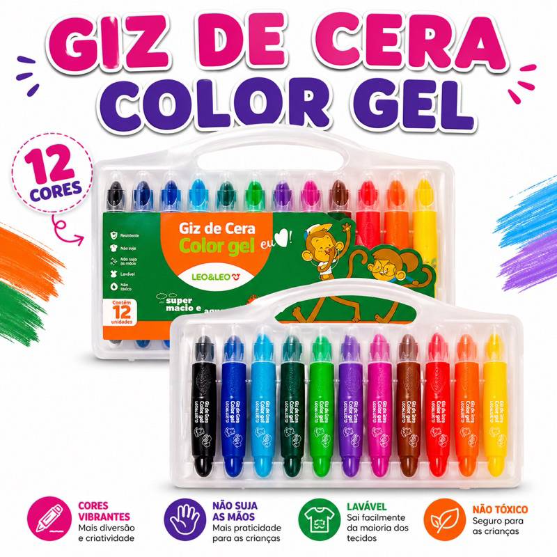 Giz De Cera Color Gel 12 Cores Unidades Leoeleo