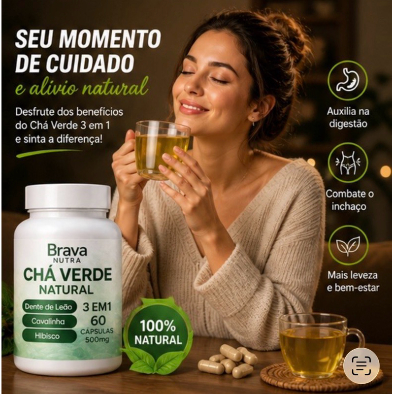 Chá Verde + Hibisco, Cavalinha e Dente-de-Leão | Fórmula Natural em Cápsulas