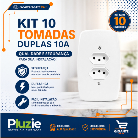 Kit 10 Tomada Dupla 10a Com Placa Branca 4x2 Pluzie 1° Linha