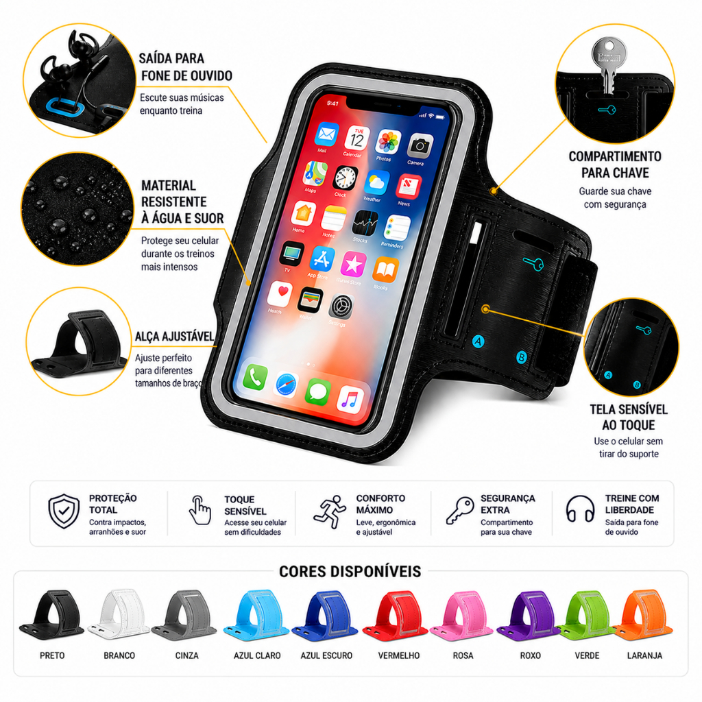 Braçadeira Para Celular Corrida Academia Fitness Impermeável Ajustável Confortável Esportiva Universal