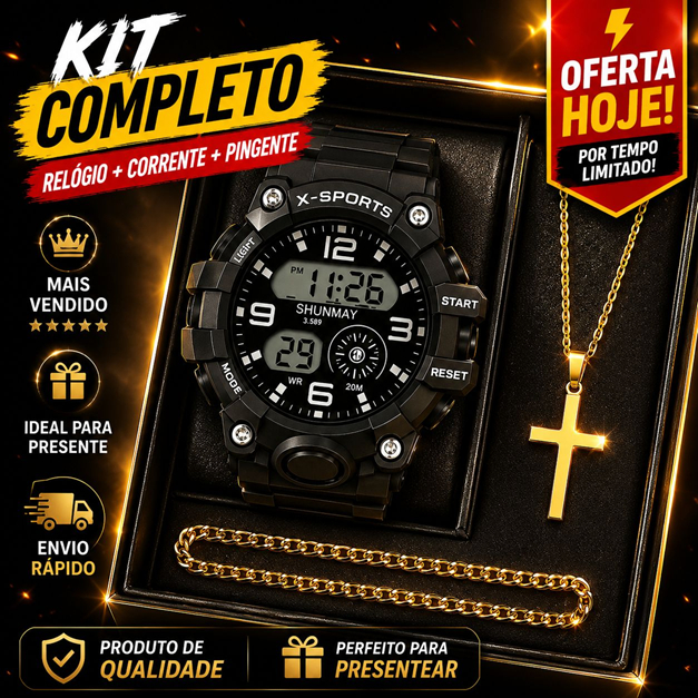 Kit Relógio Digital Masculino + Pulseira + Corrente – Robusto, Sport