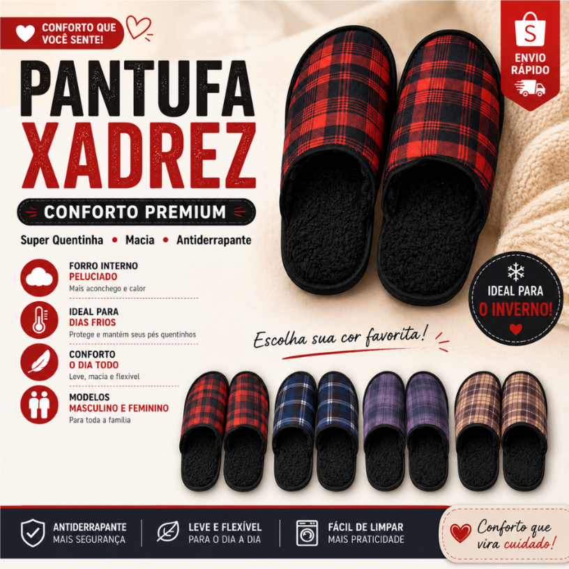 Pantufa Masculina Xadrez Peluciada - chinelo de inverno - Senza Spina - pantufa quentinha confortável