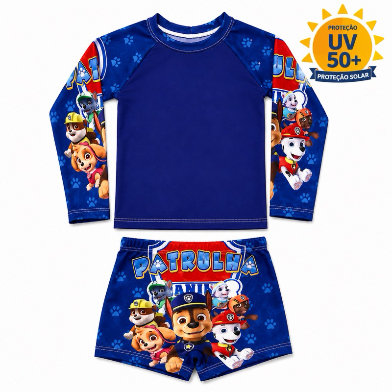 Sunga Infantil Camisa UV Proteção Solar Conjunto UV50+ Moda Praia Infantil Personagens