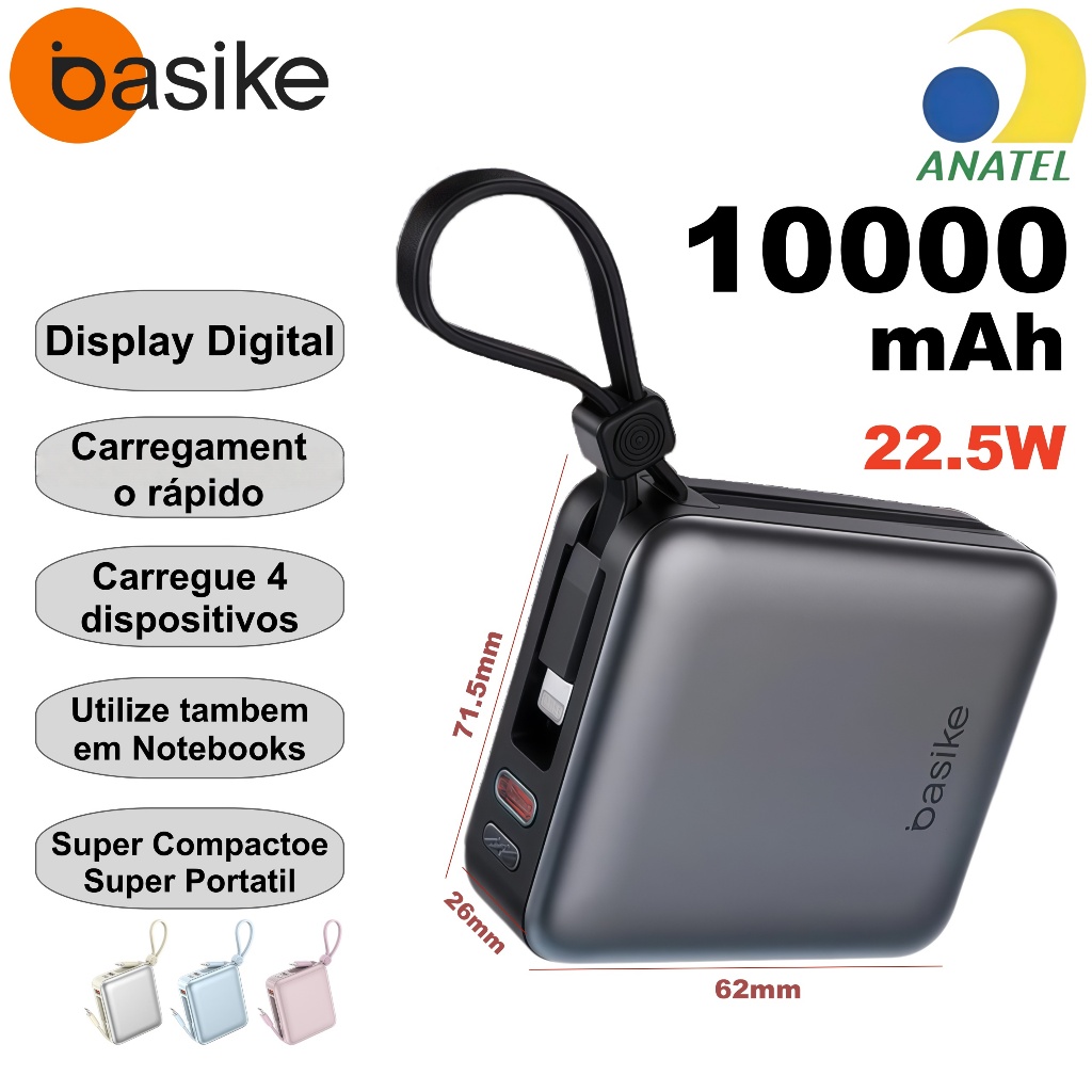 BASIKE Power Bank 10000mAh Mini PD 22.5W Carregamento Rápido Duplo com 2 Cabos Integrados