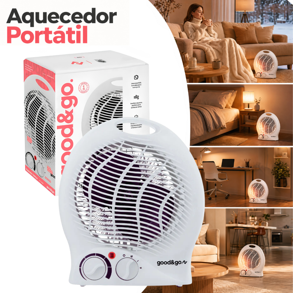 Aquecedor Portatil Eletrico de Ambiente Residencial 1500W Função Termo Ventilador Ar Frio e Quente