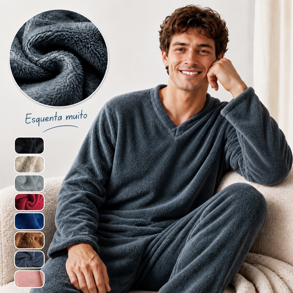 Pijama Peluciado Masculino Quentinho Fleece 180g Gola V para Outono e Inverno